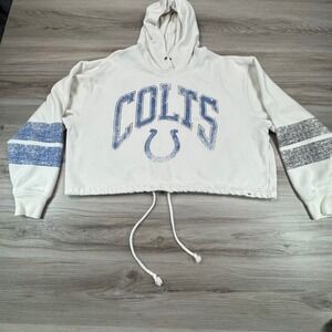 47 Brand Indianapolis Colts Cropped Hoodie Womens White Blue NFL Athletic Sz S